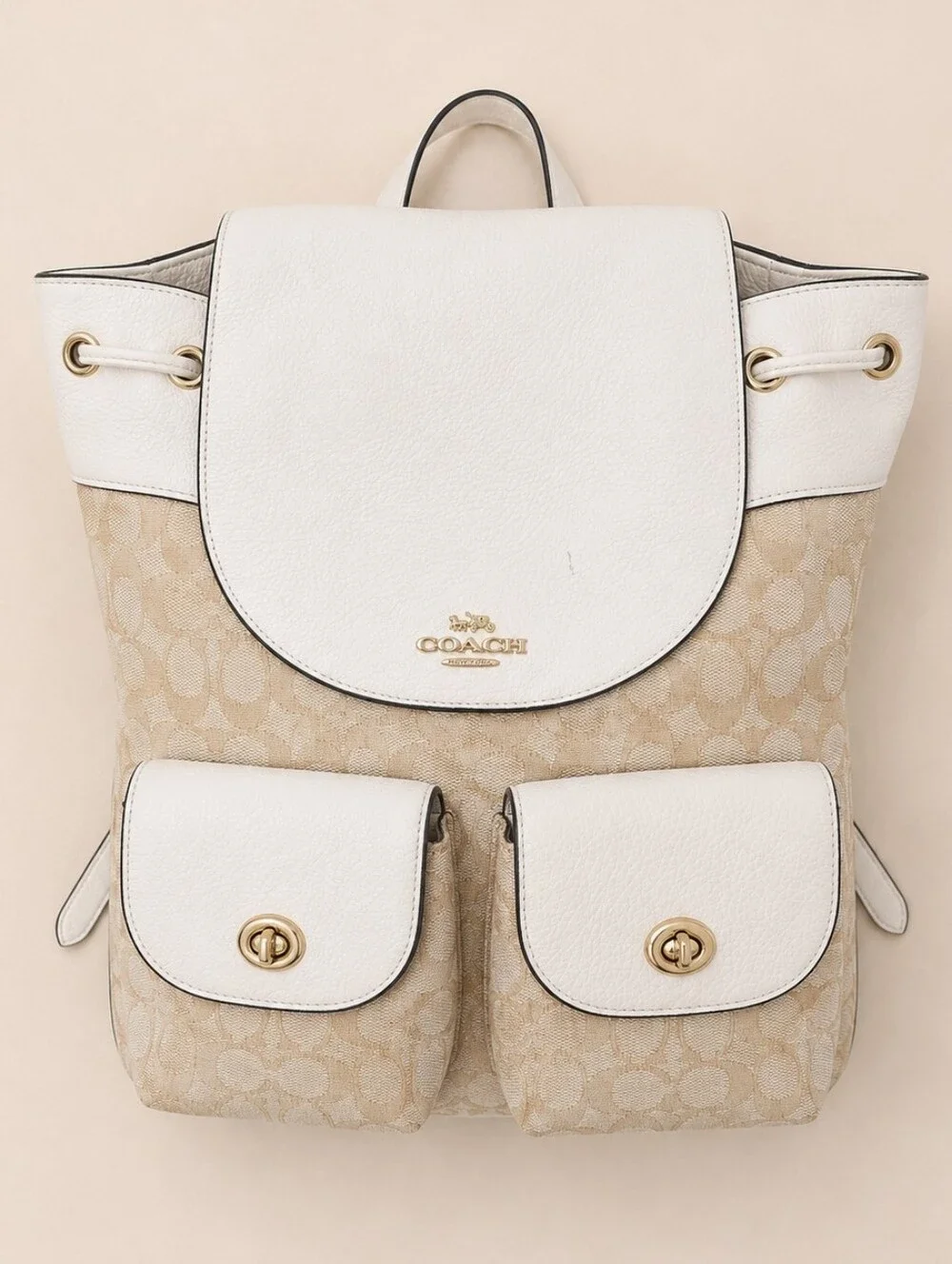 coach billie backpack in signature jacquard Dempsey Smoke Canvas Logo Patch Women's Backp and multifunction pockets Flap and drawstring closures Coach | Bags | Coach